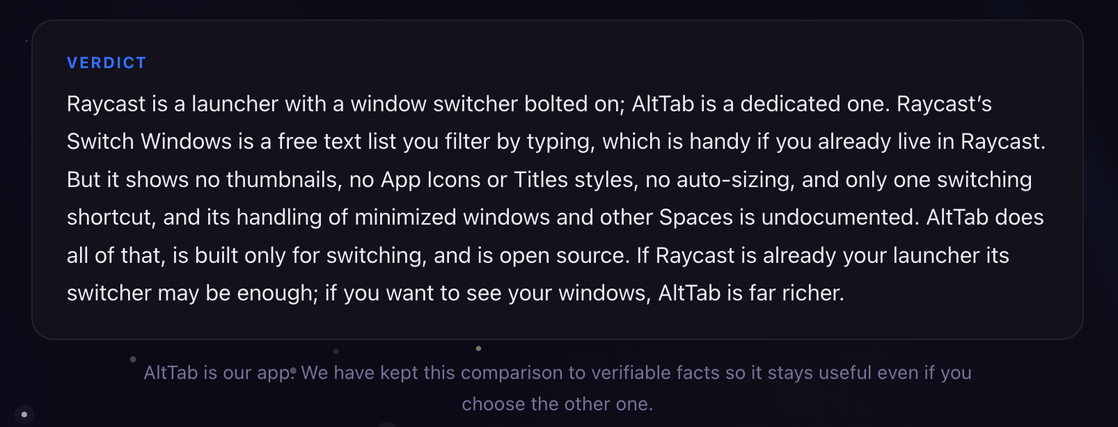 Summary for AltTab vs Raycast